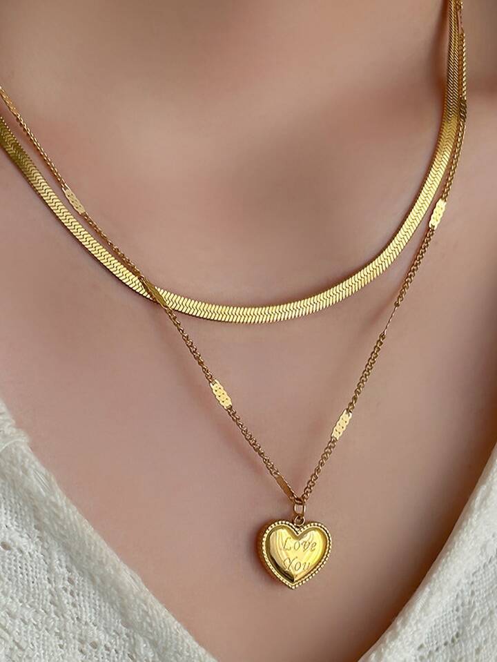 Simple Retro Fashion Love Pendant Double Chain Necklace