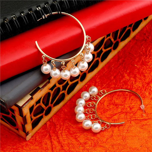 Gold Plated Open Circular Shaped Pearl Charm Hoops Earring