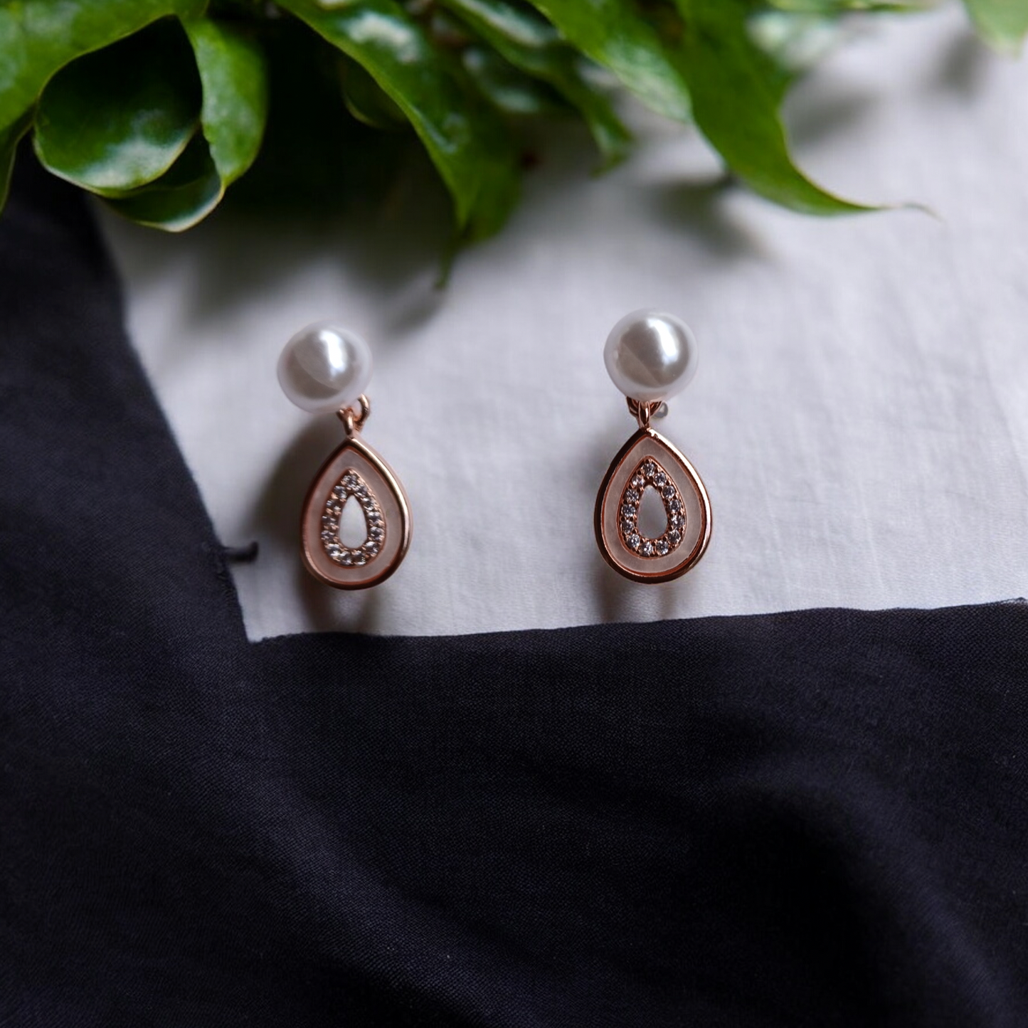 Elegant Almond Pearl Rose Gold Earrings