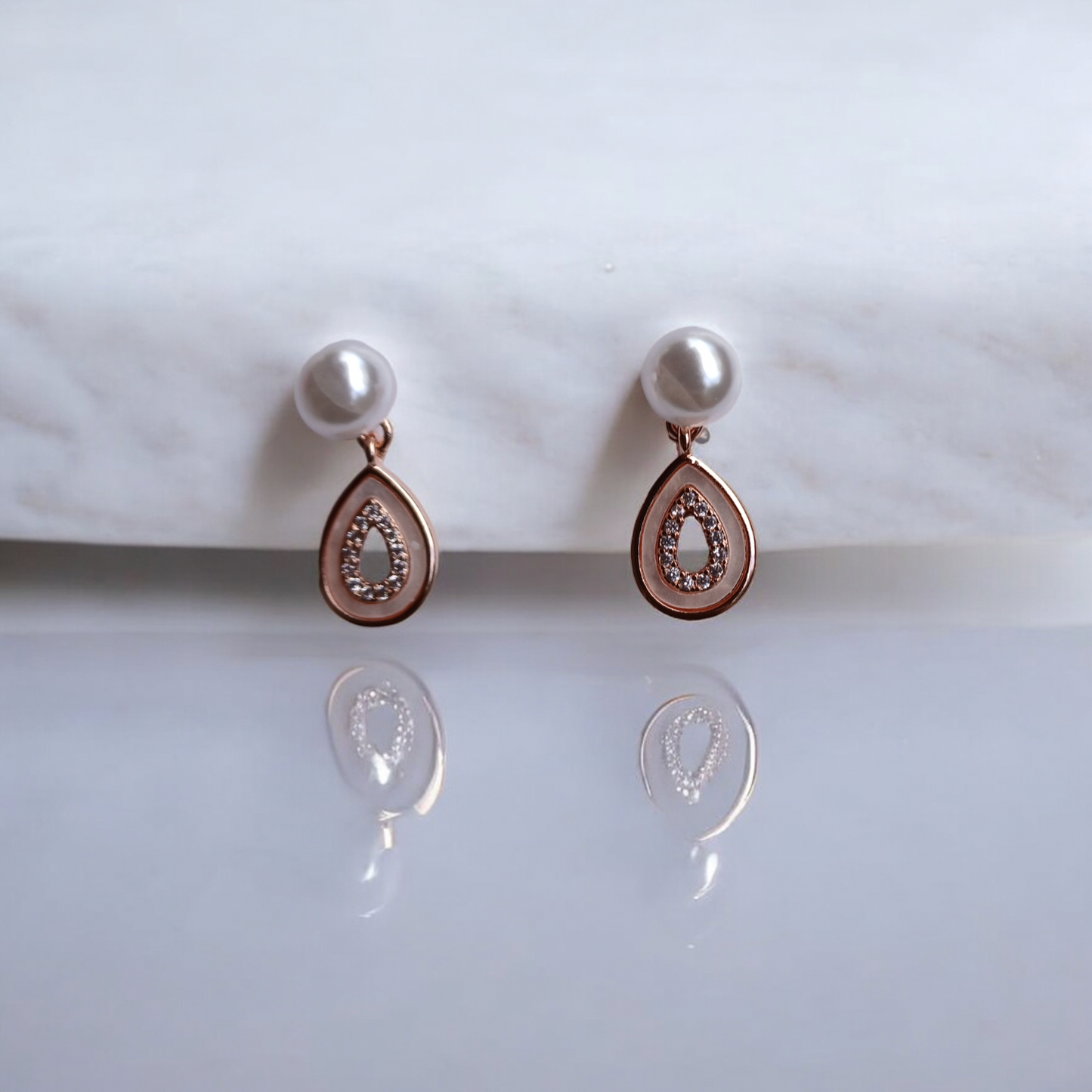 Elegant Almond Pearl Rose Gold Earrings