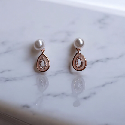 Elegant Almond Pearl Rose Gold Earrings