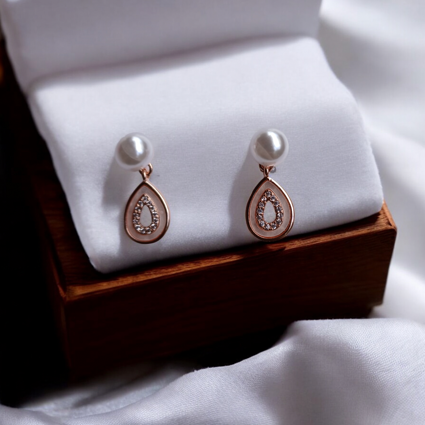 Elegant Almond Pearl Rose Gold Earrings