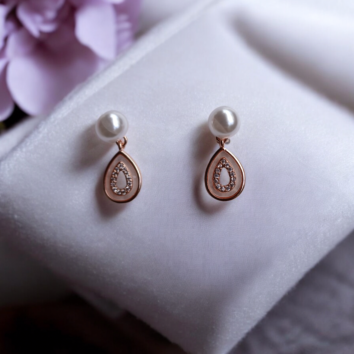 Elegant Almond Pearl Rose Gold Earrings