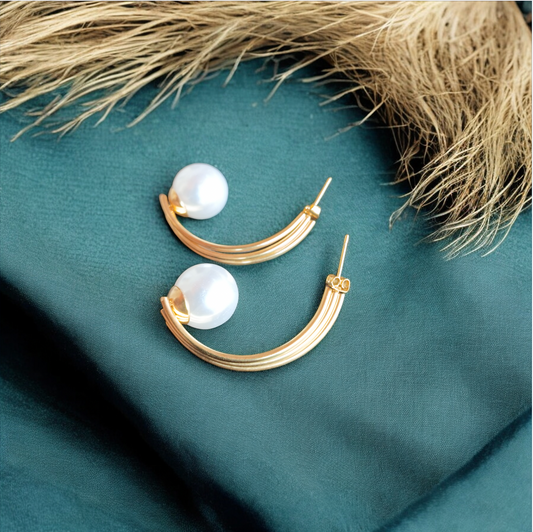 Golden Curve Pearl Drop Earrings