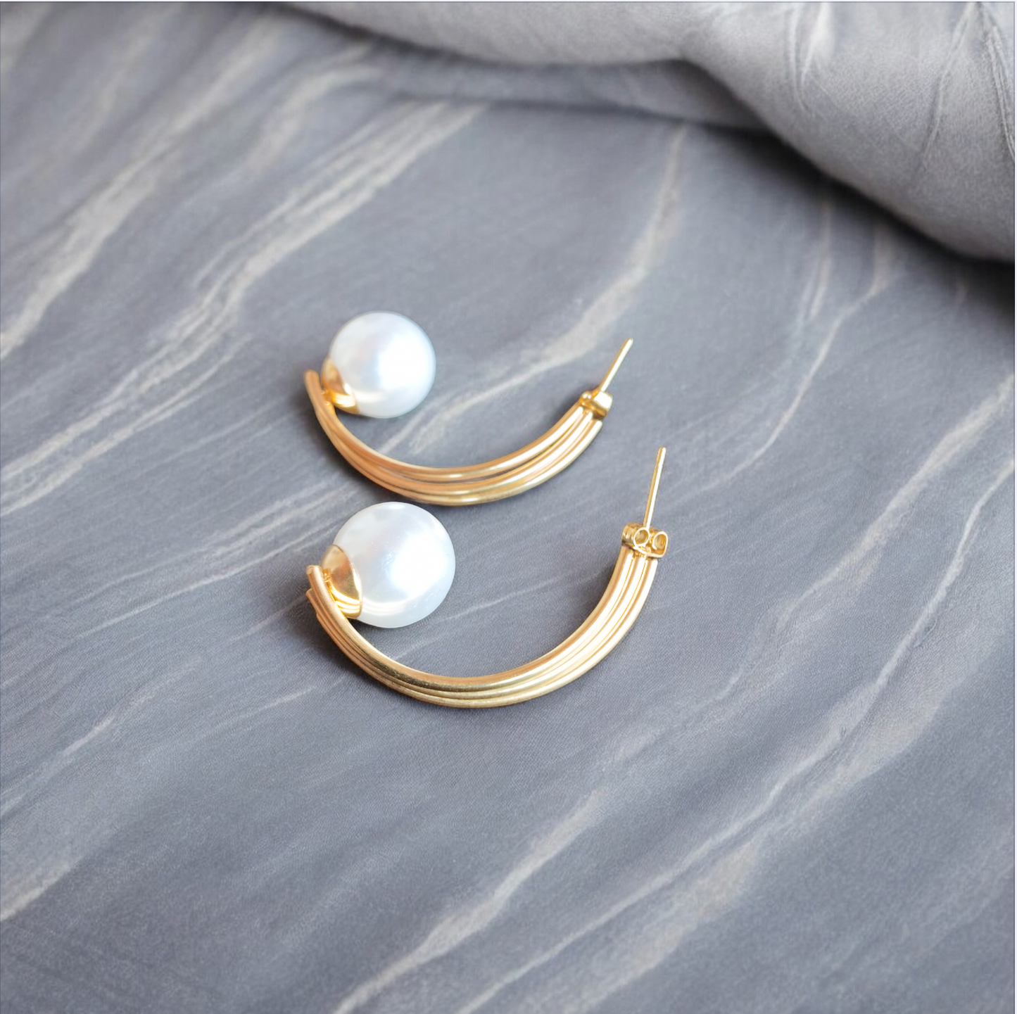 Golden Curve Pearl Drop Earrings