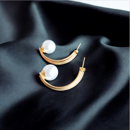 Golden Curve Pearl Drop Earrings