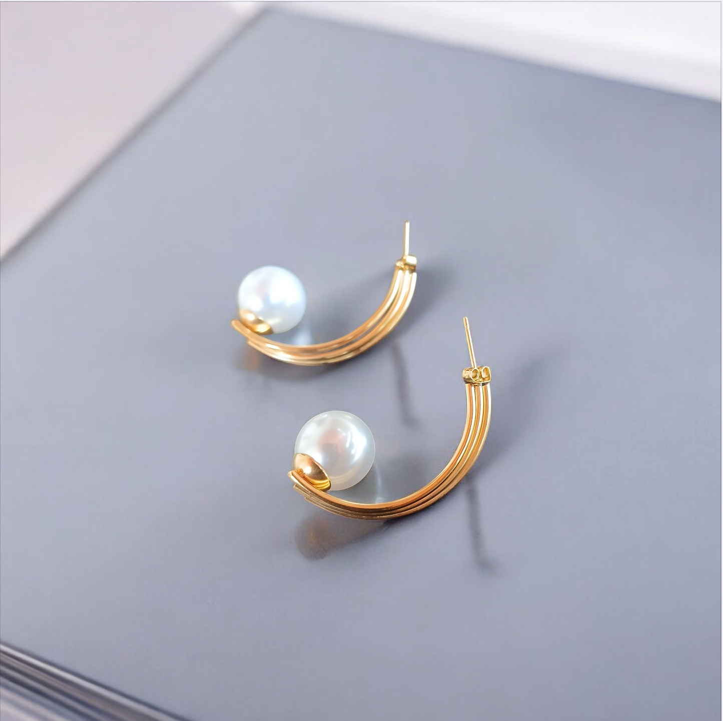 Golden Curve Pearl Drop Earrings