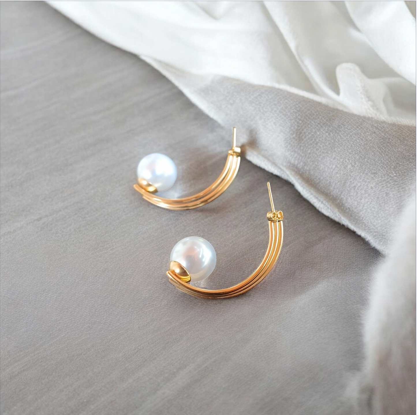 Golden Curve Pearl Drop Earrings