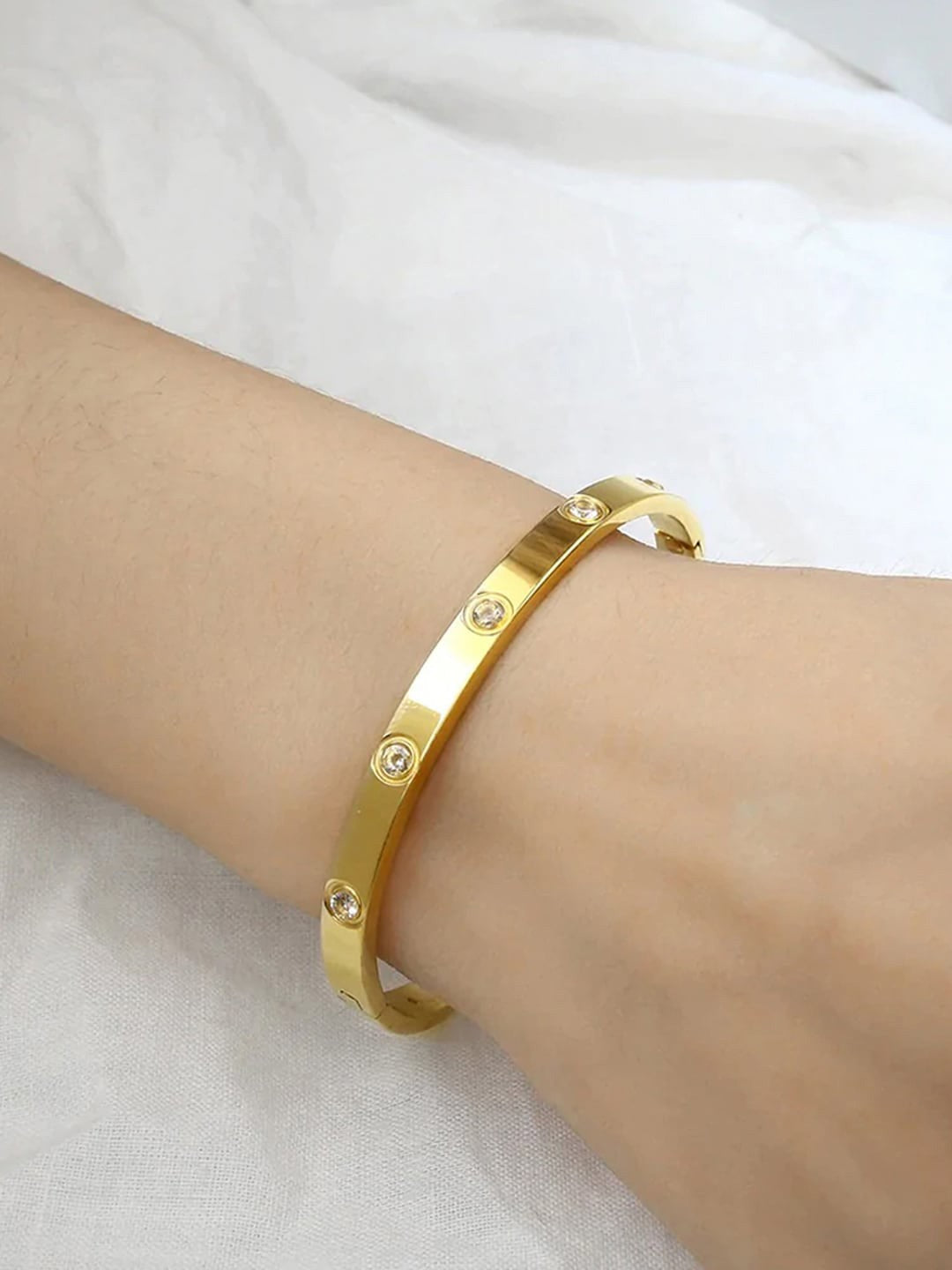 Women Gold-Plated American Diamond Bangle-Style Bracelet